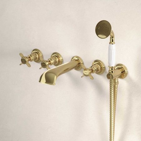 Linton Wall Mounted 5 Hole Bath Shower Mixer - Crosshead - Timeless Brass