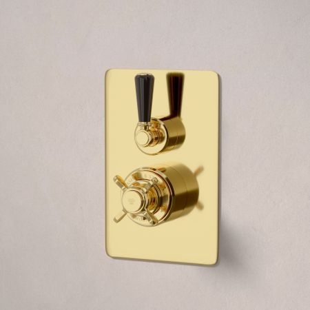 Linton Single Outlet Concealed Shower with 300mm Wall Arm & 6" Rose - Black Lever - Living Brass