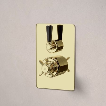 Linton Single Outlet Concealed Shower with 300mm Wall Arm & 6" Rose - Black Lever - Timeless Brass