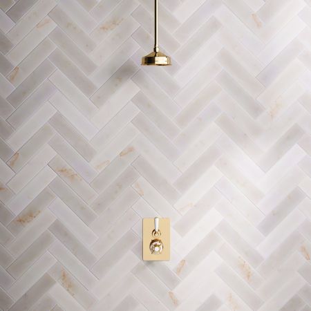 Linton Single Outlet Concealed Shower with 210mm Ceiling Arm, 6" Rose & White Levers in Living Brass