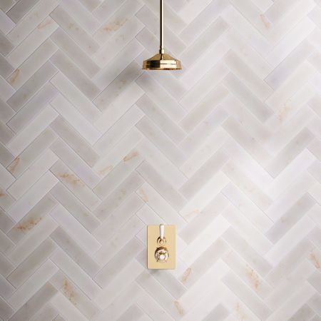 Linton Single Outlet Concealed Shower with 210mm Ceiling Arm, 8" Rose & White Levers in Living Brass