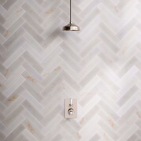 Linton Single Outlet Concealed Shower with 210mm Ceiling Arm, 8" Rose & White Levers in Polished Nickel