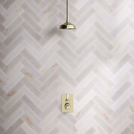 Linton Single Outlet Concealed Shower with 210mm Ceiling Arm, 8" Rose & White Levers in Timeless Brass