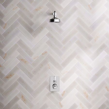 Linton Single Outlet Concealed Shower with 500mm Wall Arm & 6" Rose - White Lever & Ceramics - Chrome