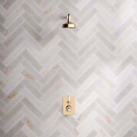 Linton Single Outlet Concealed Shower with 500mm Wall Arm & 6" Rose - White Lever & Ceramics - Living Brass
