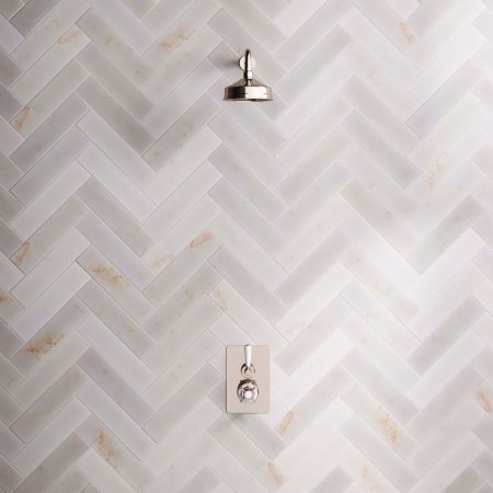 Linton Single Outlet Concealed Shower with 500mm Wall Arm & 6" Rose - White Lever & Ceramics - Polished Nickel
