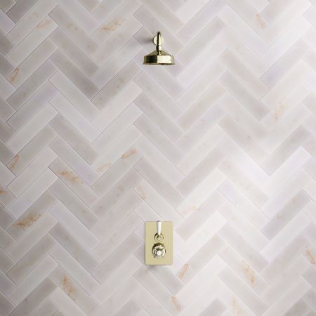 Linton Single Outlet Concealed Shower with 500mm Wall Arm & 6" Rose - White Lever & Ceramics - Timeless Brass