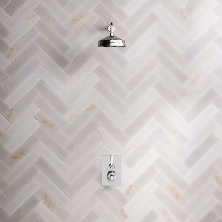 Linton Single Outlet Concealed Shower with 500mm Wall Arm & 8" Rose - White Lever & Ceramics - Chrome