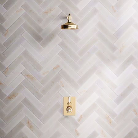Linton Single Outlet Concealed Shower with 500mm Wall Arm & 8" Rose - White Lever & Ceramics - Living Brass