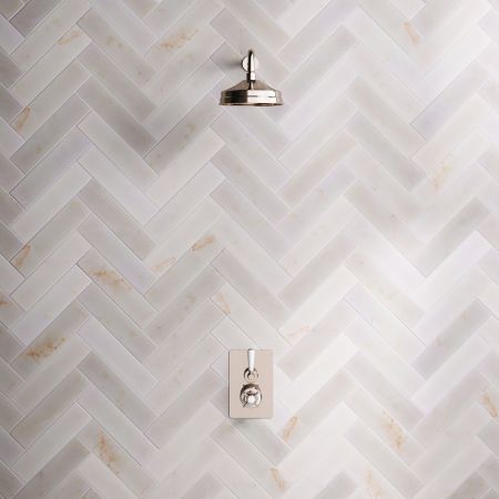 Linton Single Outlet Concealed Shower with 500mm Wall Arm & 8" Rose - White Lever & Ceramics - Polished Nickel