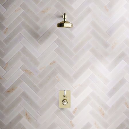 Linton Single Outlet Concealed Shower with 500mm Wall Arm & 8" Rose - White Lever & Ceramics - Timeless Brass
