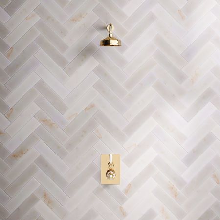Linton Single Outlet Concealed Shower with 300mm Wall Arm & 6" Rose - White Lever & Ceramics - Living Brass