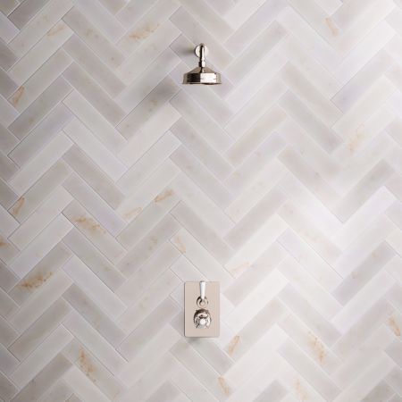 Linton Single Outlet Concealed Shower with 300mm Wall Arm & 6" Rose - White Lever & Ceramics - Polished Nickel