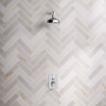 Linton Single Outlet Concealed Shower with 300mm Wall Arm & 8" Rose - White Lever & Ceramics - Chrome