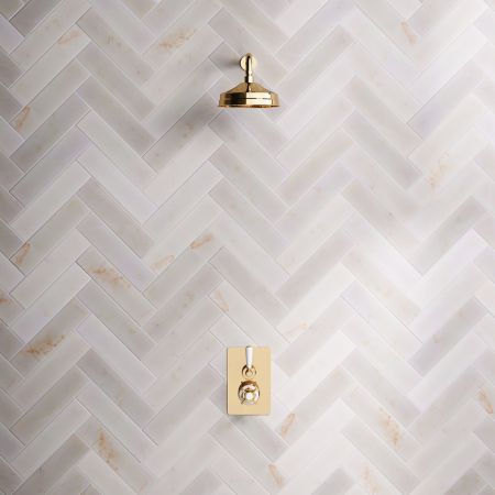 Linton Single Outlet Concealed Shower with 300mm Wall Arm & 8" Rose - White Lever & Ceramics - Living Brass