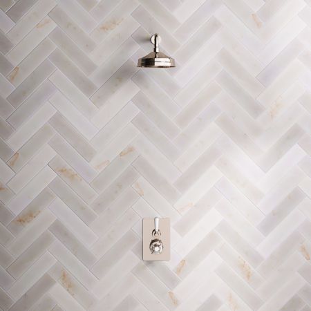 Linton Single Outlet Concealed Shower with 300mm Wall Arm & 8" Rose - White Lever & Ceramics - Polished Nickel
