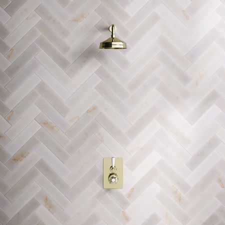 Linton Single Outlet Concealed Shower with 300mm Wall Arm & 8" Rose - White Lever & Ceramics - Timeless Brass