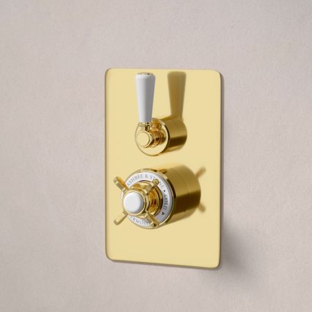 Linton Classic Single Outlet Concealed Shower with 210mm Ceiling Arm & 6" Rose - White Lever & Ceramics - Living Brass