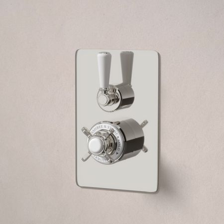 Linton Single Outlet Concealed Shower with 500mm Wall Arm & 8" Rose - White Lever & Ceramics - Polished Nickel