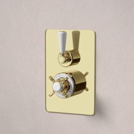 Linton Single Outlet Concealed Shower with 500mm Wall Arm & 6" Rose - White Lever & Ceramics - Timeless Brass