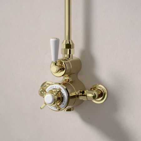 Linton Single Outlet Exposed Shower with 8" Rose - White Lever & Ceramics - Timeless Brass