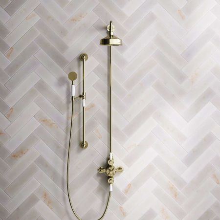 Calder Dual Outlet Shower Kit - Exposed Valve - 6 inch Rose - White Ceramic Lever - Handshower Slider-Rail - Timeless Brass