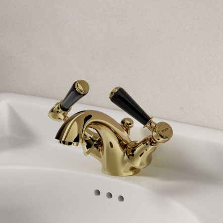 Linton Deck Mounted Monobloc Basin Mixer with Pop Up Waste - Black Lever - Timeless Brass