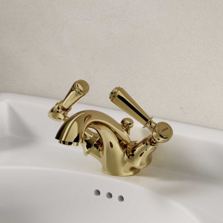 Linton Deck Mounted Monobloc Basin Mixer with Pop Up Waste - Metal Lever - Timeless Brass