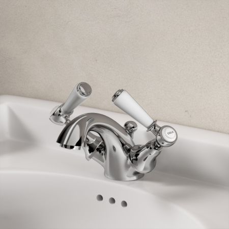 Linton Classic Monobloc Basin Mixer with Pop Up Waste & White Levers - Chrome