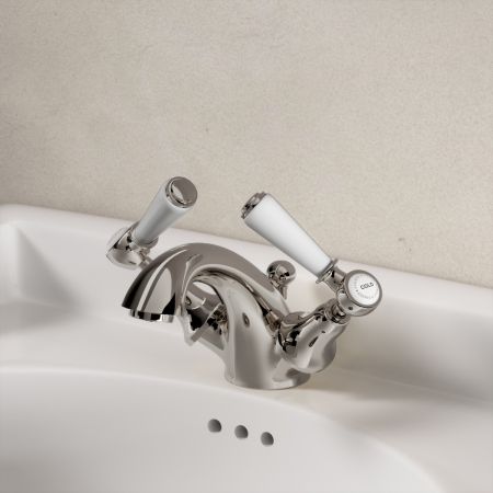 Linton Deck Mounted Monobloc Basin Mixer with Pop Up Waste - White Lever & Ceramics - Polished Nickel