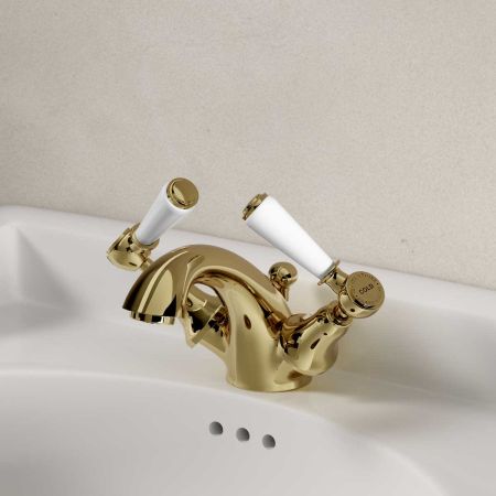 Linton Deck Mounted Monobloc Basin Mixer with Pop Up Waste - White Lever - Timeless Brass