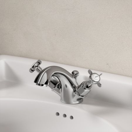 Linton Deck Mounted Monobloc Basin Mixer with Pop Up Waste - Crosshead & Ceramics - Chrome