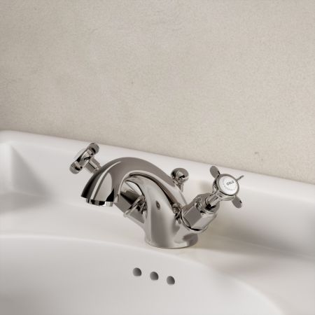 Linton Deck Mounted Monobloc Basin Mixer with Pop Up Waste - Crosshead & Ceramics - Polished Nickel