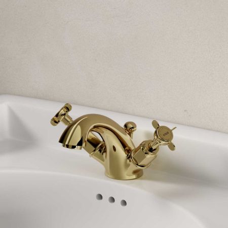 Linton Deck Mounted Monobloc Basin Mixer with Pop Up Waste - Crosshead - Timeless Brass
