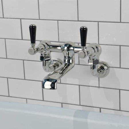 Linton Bath Filler Tap Wall Mounted Black Lever Polished Nickel
