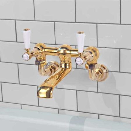 Linton Bath Filler Tap Wall Mounted White Lever Living Brass