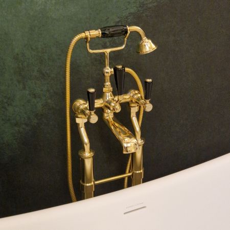Linton Floor Mounted 2 Hole Bath Shower Mixer with 620mm Standpipes - Black Lever - Timeless Brass
