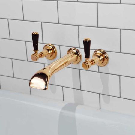 Linton - 3-Hole Bath Filler - Wall Mounted - Black Lever - Brass