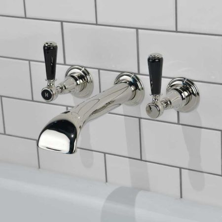 Linton - 3-Hole Bath Filler - Wall Mounted - Black Lever - Nickel