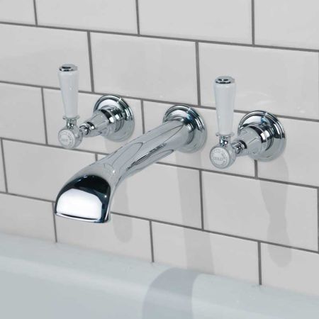 Linton - 3-Hole Bath Filler - Wall Mounted - White Lever - Chrome