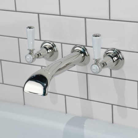 Linton - 3-Hole Bath Filler - Wall Mounted - White Lever - Nickel