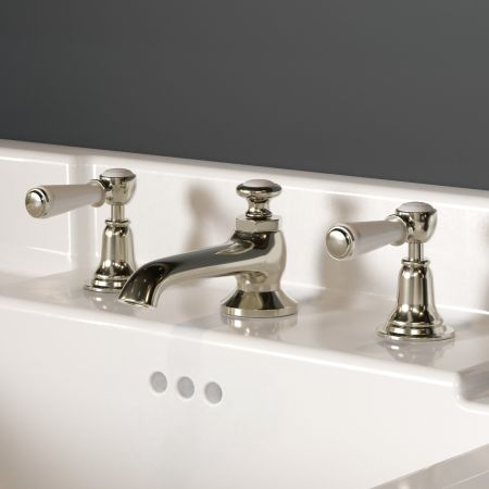 Linton Deck Mounted 3 Hole Basin Mixer with Pop Up Waste - White Lever & Ceramics - Polished Nickel
