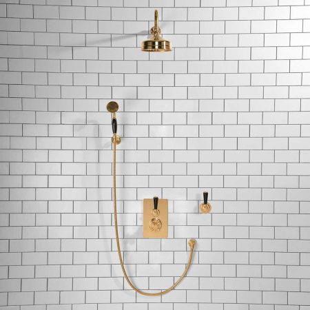 Calder Concealed Shower Valve Kit with Diverter and Hook Mount And 6" Rose Black Lever Polished Brass