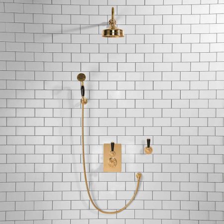 Calder Concealed Shower Valve Kit with Diverter and Hook Mount And 6" Rose Black Lever Polished Brass