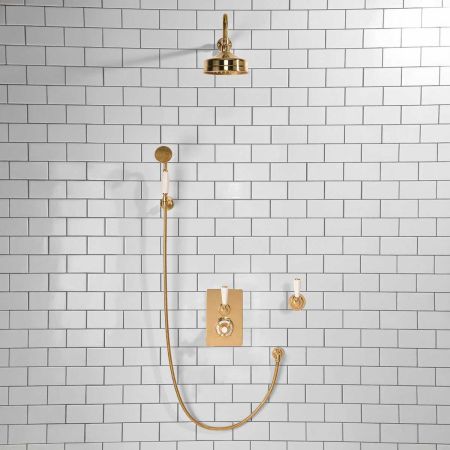 Calder Concealed Shower Valve Kit with Diverter and Hook Mount And 6" Rose White Lever Polished Brass
