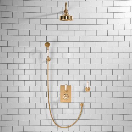 Calder Concealed Shower Valve Kit with Diverter and Hook Mount And 6" Rose White Lever Polished Brass