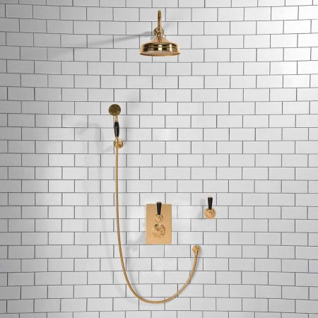 Calder Concealed Shower Valve Kit 8" Rose with Diverter and Hook Mount Black Lever Polished Brass