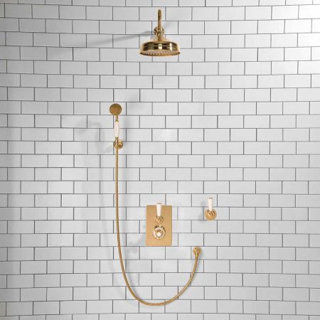 Calder Concealed Shower Valve Kit 8" Rose with Diverter and Hook Mount White Lever Polished Brass
