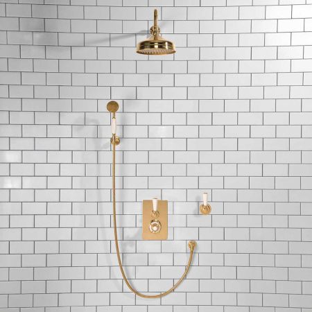 Calder Concealed Shower Valve Kit 8" Rose with Diverter and Hook Mount White Lever Polished Brass