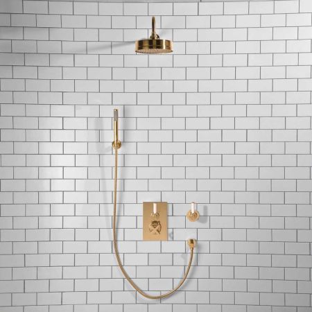 Elbe - Concealed Shower Set + Diverter - Hook Mount - White Lever/White Lever - 8" Rose - Polished Brass